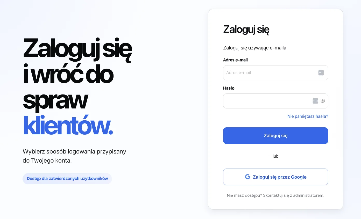 Ekran logowania doradca.cloud: e-mail i hasło albo konto Google